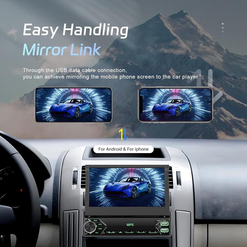 Autorradio de 1 DIN con pantalla táctil de 7 pulgadas, radio para coche con pantalla abatible, Bluetooth, radio FM, función Mirror Link para teléfonos Android/iOS, compatible con tarjetas TF/USB, incluye cámara y micrófono.