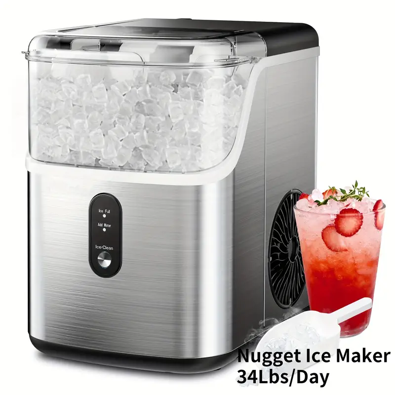 Máquina para hacer hielo en encimera, máquina para hacer hielo NG de 34 lb más máquina para hacer hielo tipo bala de 26 lb, trituradora de hielo masticable suave portátil para el hogar/cocina/camping/RV
