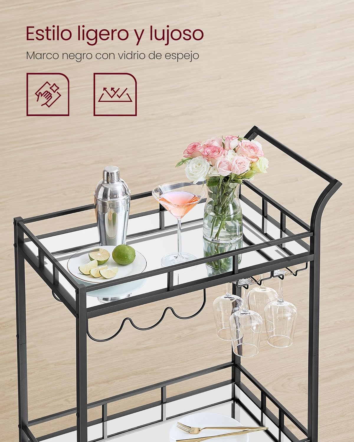 Carro de Bebidas, Carrito de Bar, Carro de Servicio con 2 Estantes de Espejo, Portavasos, Portavinos, para Comedor, Bar de Casa, Cocina, Dorado MLRC090A03