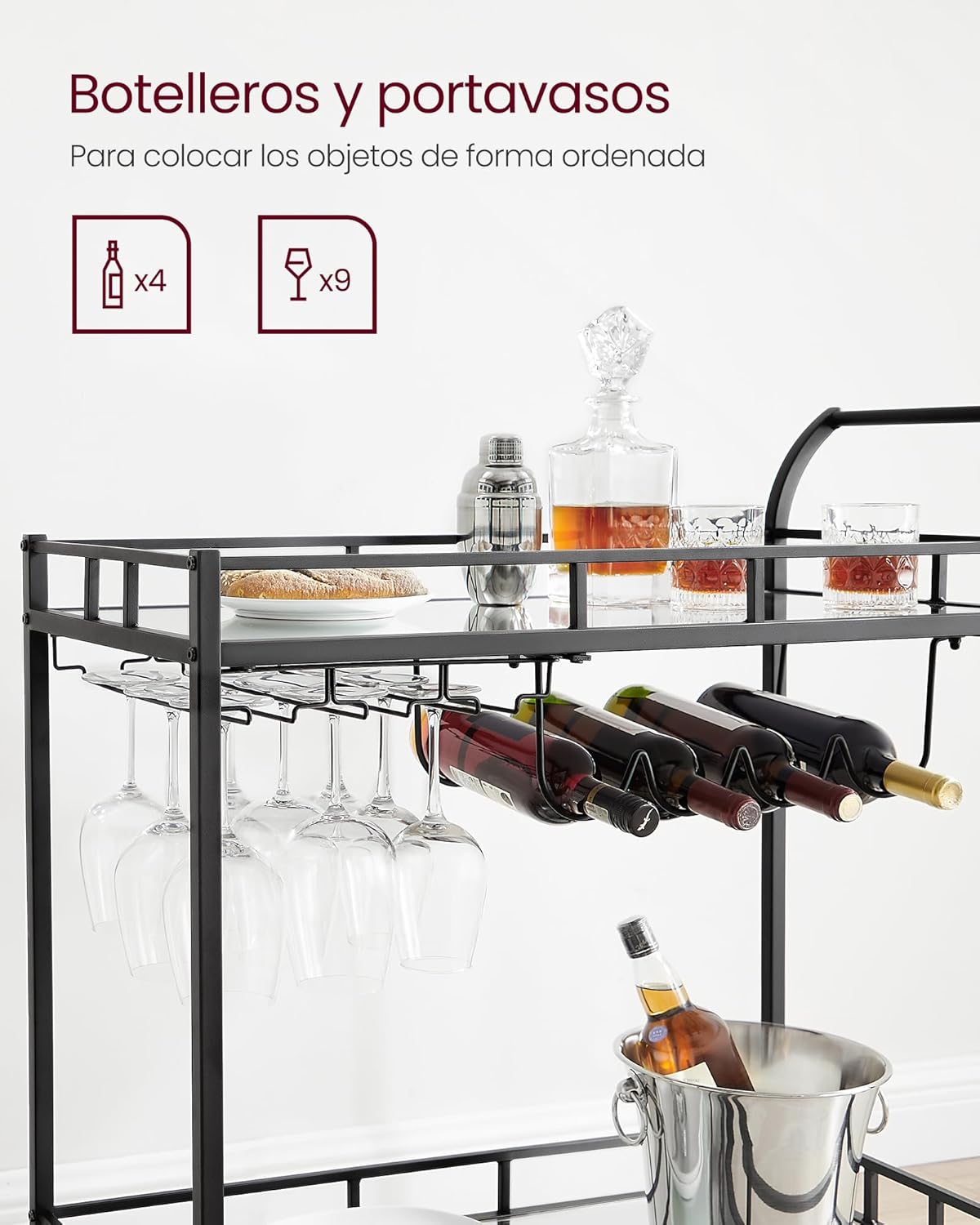 Carro de Bebidas, Carrito de Bar, Carro de Servicio con 2 Estantes de Espejo, Portavasos, Portavinos, para Comedor, Bar de Casa, Cocina, Dorado MLRC090A03