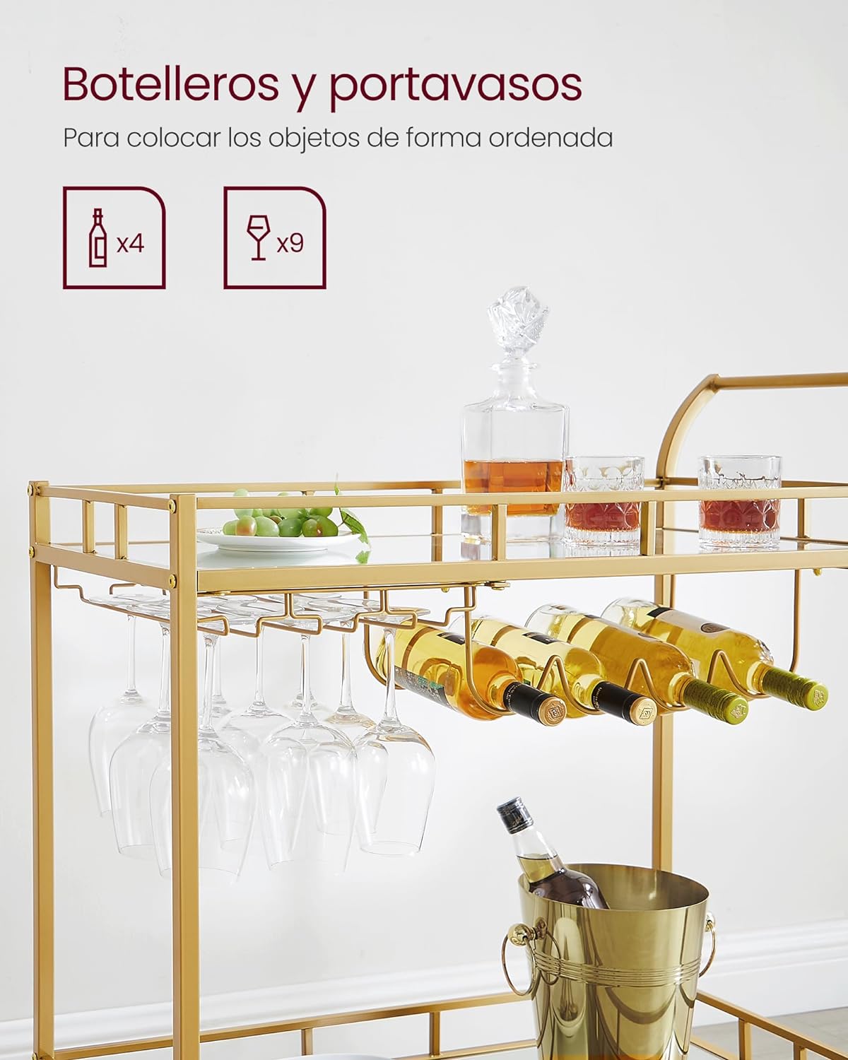 Carro de Bebidas, Carrito de Bar, Carro de Servicio con 2 Estantes de Espejo, Portavasos, Portavinos, para Comedor, Bar de Casa, Cocina, Dorado MLRC090A03