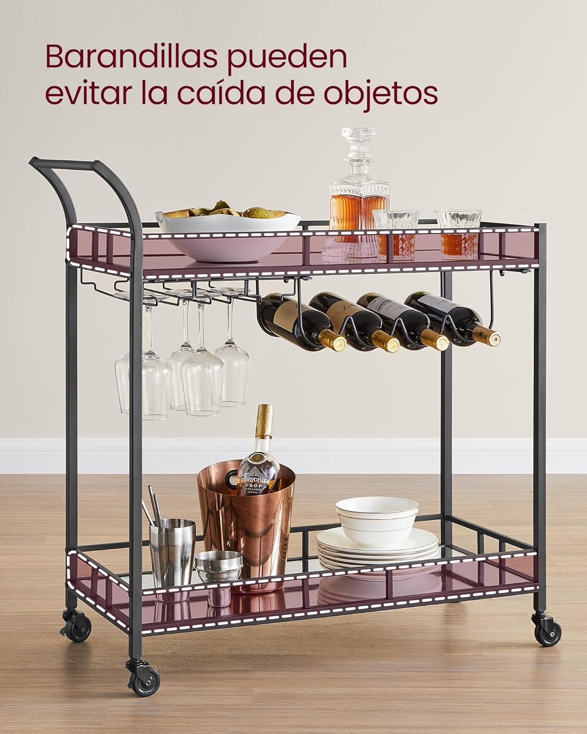 Carro de Bebidas, Carrito de Bar, Carro de Servicio con 2 Estantes de Espejo, Portavasos, Portavinos, para Comedor, Bar de Casa, Cocina, Dorado MLRC090A03