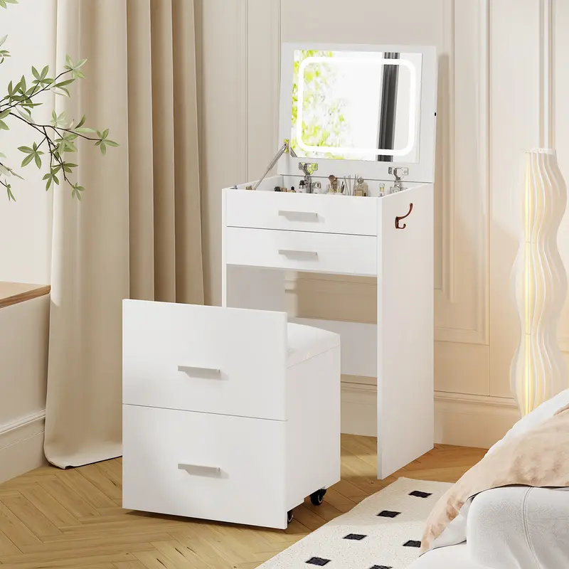 Tocador multifuncional 3 en 1 con espejo LED, tocador moderno blanco independiente con 3 cajones, espejo abatible con iluminación, taburete acolchado y mesita de noche para dormitorio, oficina, tocadores independientes