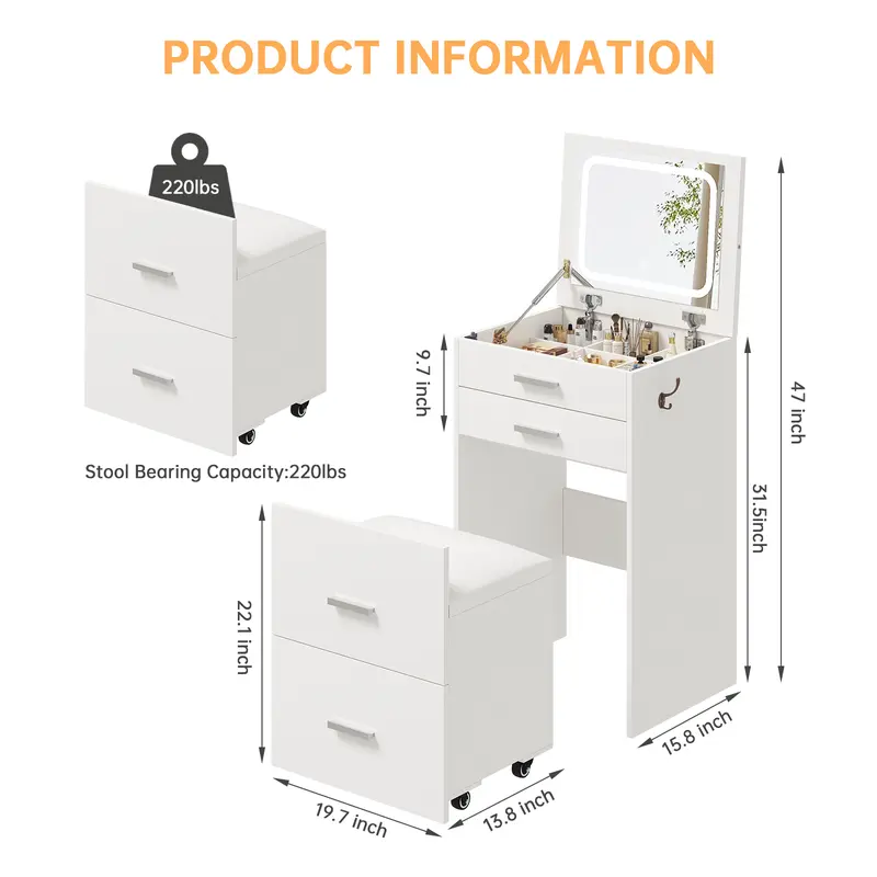 Tocador multifuncional 3 en 1 con espejo LED, tocador moderno blanco independiente con 3 cajones, espejo abatible con iluminación, taburete acolchado y mesita de noche para dormitorio, oficina, tocadores independientes