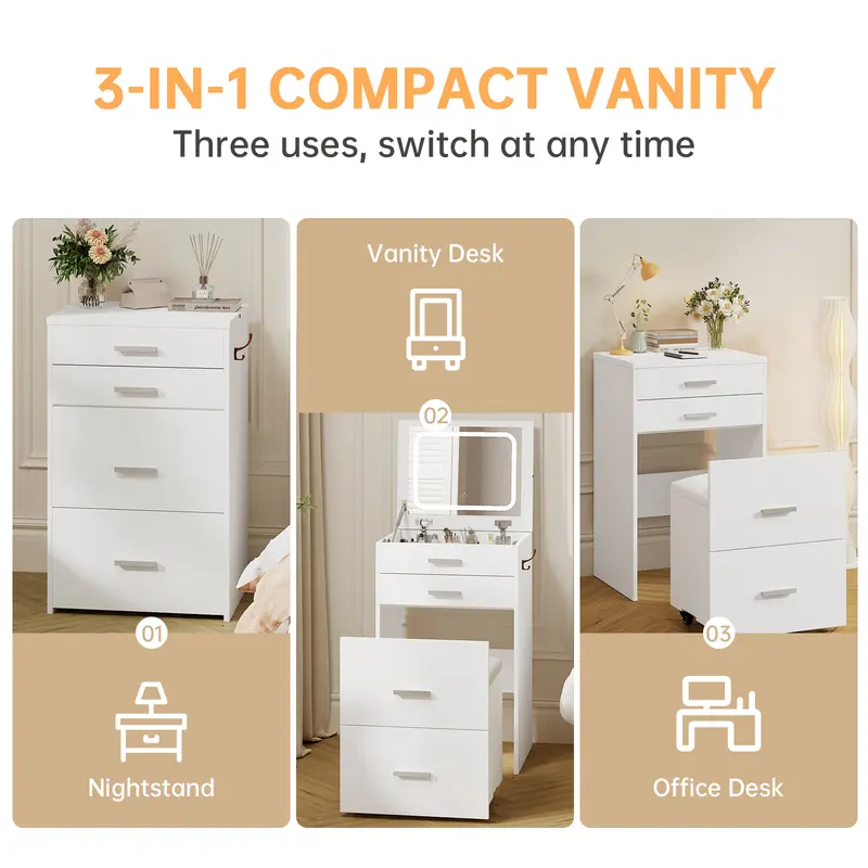 Tocador multifuncional 3 en 1 con espejo LED, tocador moderno blanco independiente con 3 cajones, espejo abatible con iluminación, taburete acolchado y mesita de noche para dormitorio, oficina, tocadores independientes