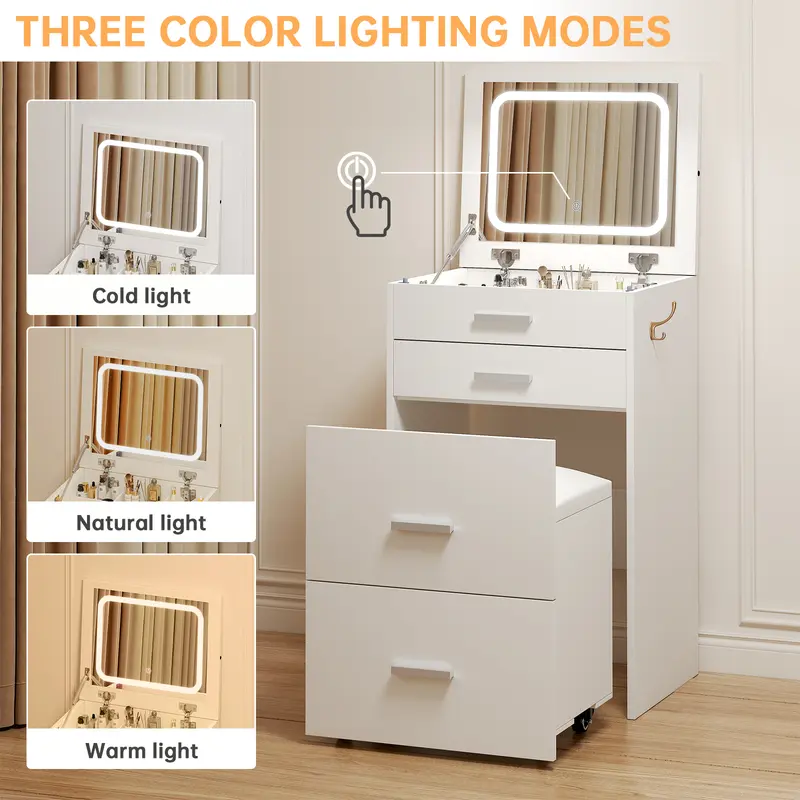 Tocador multifuncional 3 en 1 con espejo LED, tocador moderno blanco independiente con 3 cajones, espejo abatible con iluminación, taburete acolchado y mesita de noche para dormitorio, oficina, tocadores independientes