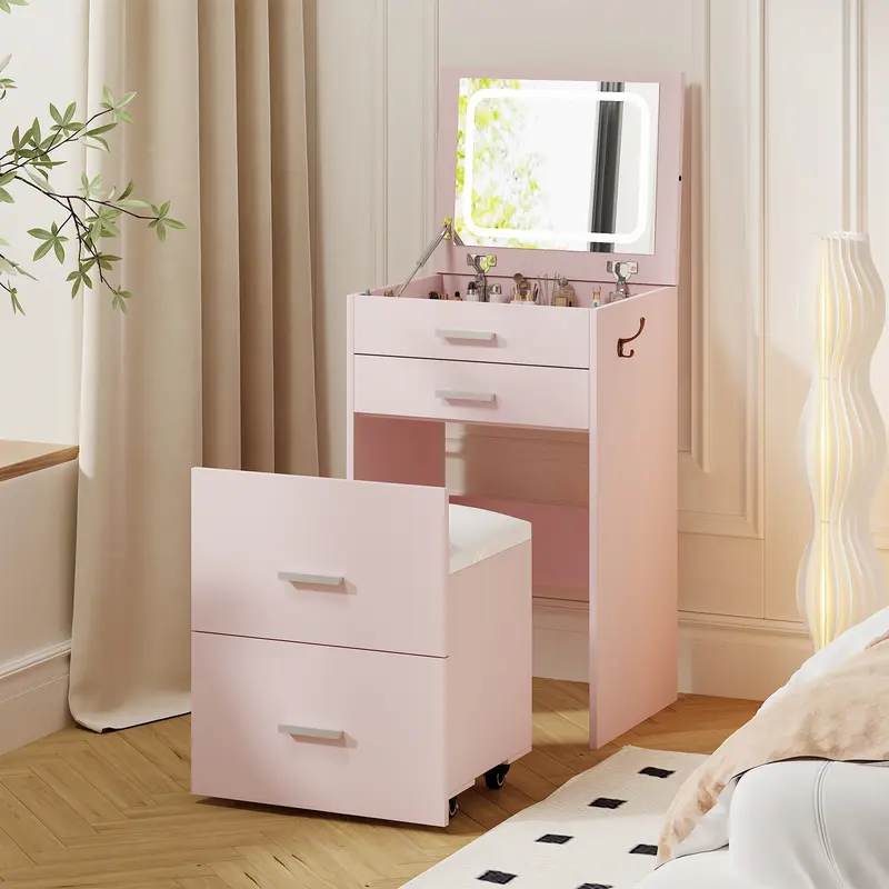Tocador multifuncional 3 en 1 con espejo LED, tocador moderno blanco independiente con 3 cajones, espejo abatible con iluminación, taburete acolchado y mesita de noche para dormitorio, oficina, tocadores independientes