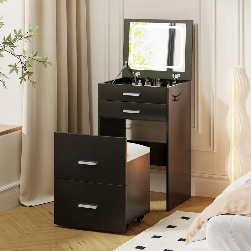 Tocador multifuncional 3 en 1 con espejo LED, tocador moderno blanco independiente con 3 cajones, espejo abatible con iluminación, taburete acolchado y mesita de noche para dormitorio, oficina, tocadores independientes