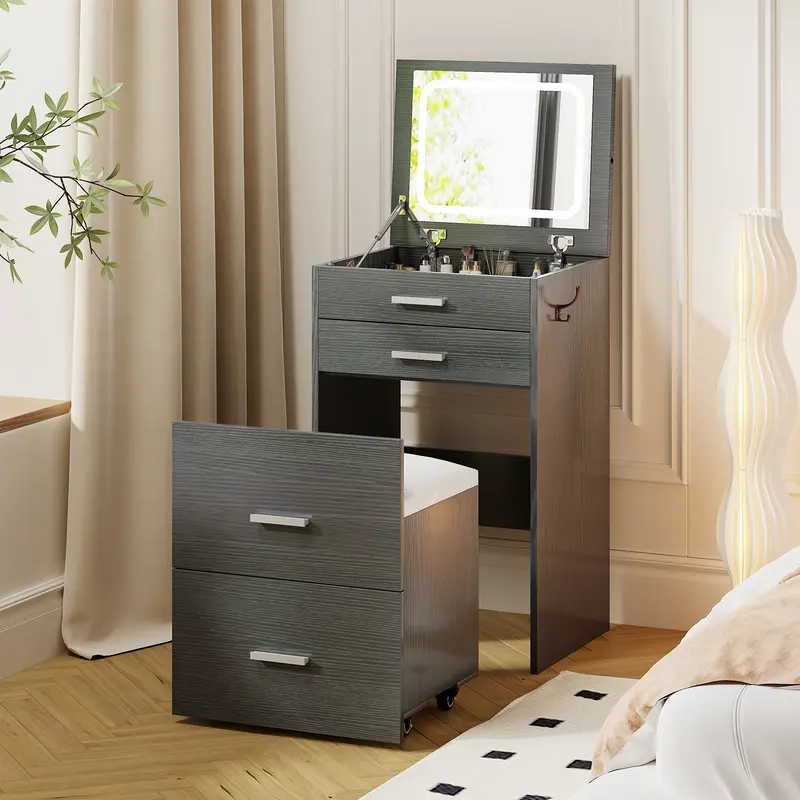 Tocador multifuncional 3 en 1 con espejo LED, tocador moderno blanco independiente con 3 cajones, espejo abatible con iluminación, taburete acolchado y mesita de noche para dormitorio, oficina, tocadores independientes