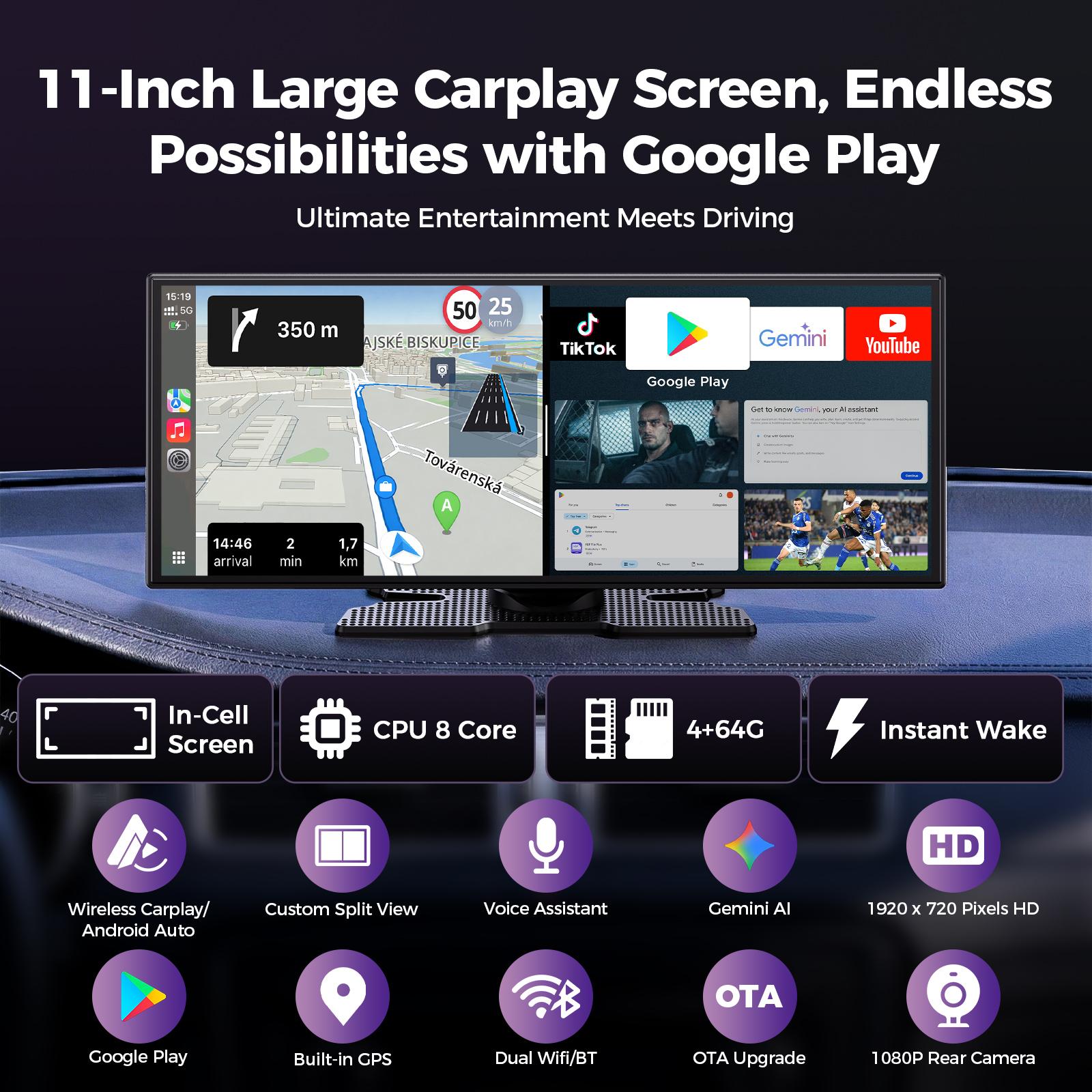 Pantalla para coche de 11" con IA: Gemini + GPS sin conexión + Apps | No solo CarPlay — Android 15 abierto (4 GB + 64 GB)