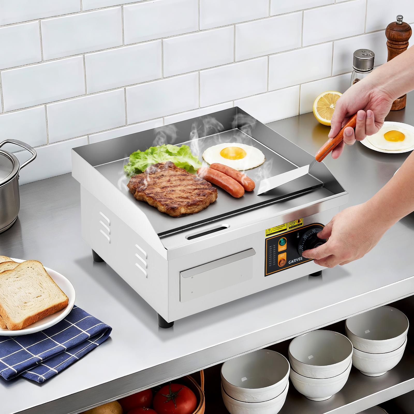Parrillas eléctricas comerciales en tamaños de 14, 18, 22 y 30 pulgadas, con potencia de 1500 W a 3000 W, superficie antiadherente de acero inoxidable y control de temperatura ajustable de 122 °F a 572 °F, para uso doméstico y en restaurantes.