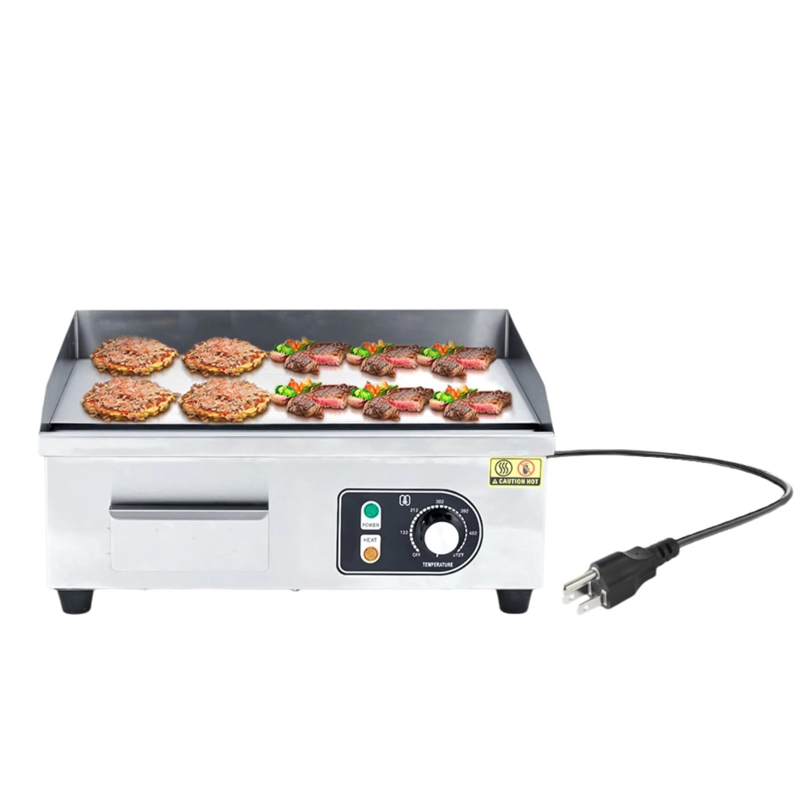 Parrillas eléctricas comerciales en tamaños de 14, 18, 22 y 30 pulgadas, con potencia de 1500 W a 3000 W, superficie antiadherente de acero inoxidable y control de temperatura ajustable de 122 °F a 572 °F, para uso doméstico y en restaurantes.