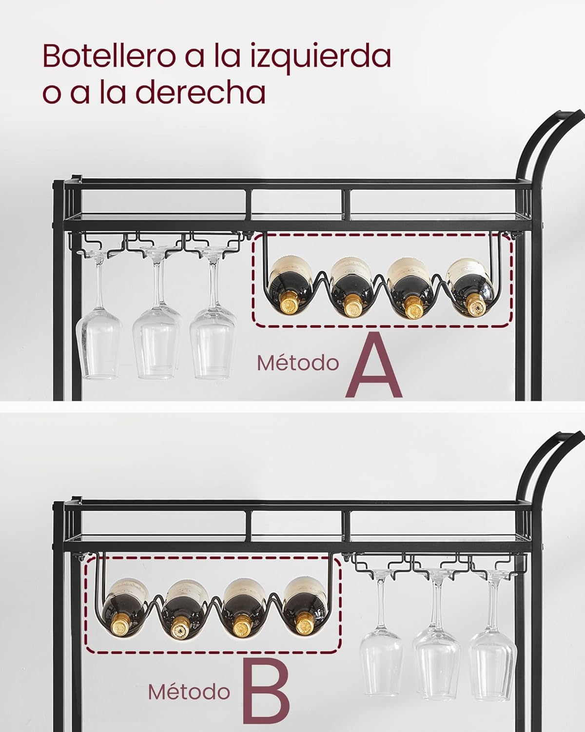 Carro de Bebidas, Carrito de Bar, Carro de Servicio con 2 Estantes de Espejo, Portavasos, Portavinos, para Comedor, Bar de Casa, Cocina, Dorado MLRC090A03