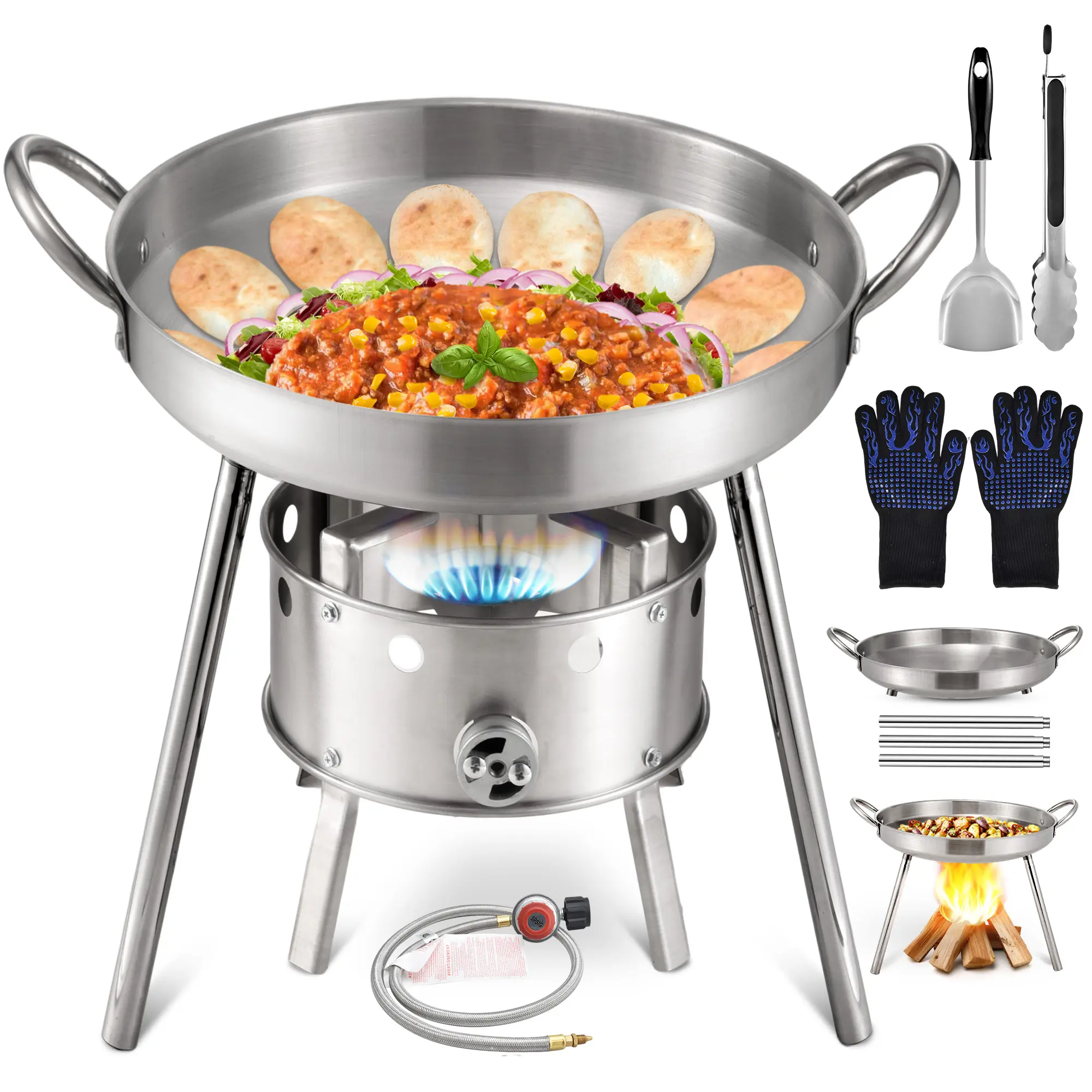 Estufa de propano de un solo quemador de acero inoxidable de 21 pulgadas, de uso rudo y con juego de comal; quemador de propano de alta presión para exteriores de 37,000 BTU; cocina tipo "Discada" (cocina de disco); ideal para cocinar en el patio trasero