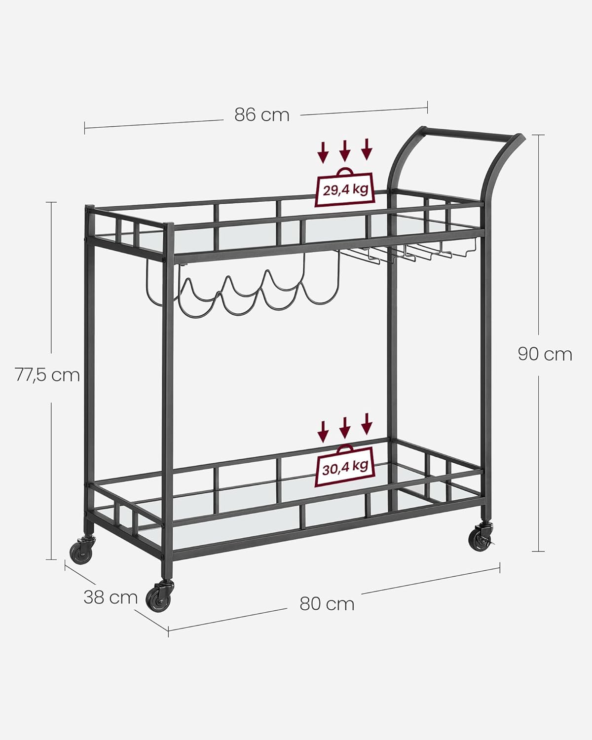 Carro de Bebidas, Carrito de Bar, Carro de Servicio con 2 Estantes de Espejo, Portavasos, Portavinos, para Comedor, Bar de Casa, Cocina, Dorado MLRC090A03
