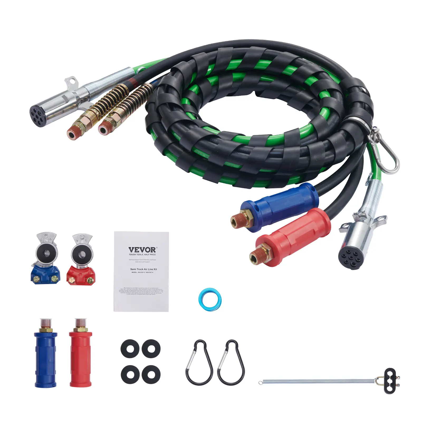 Kit de líneas de aire de 12 pies para semirremolques, con 2 acoples rápidos (Glad Hands), mangueras de aire 3 en 1 y línea eléctrica ABS de 7 vías; incluye 2 manijas para acoples, 4 sellos y un kit de resortes de soporte para tractocamiones y remolques.