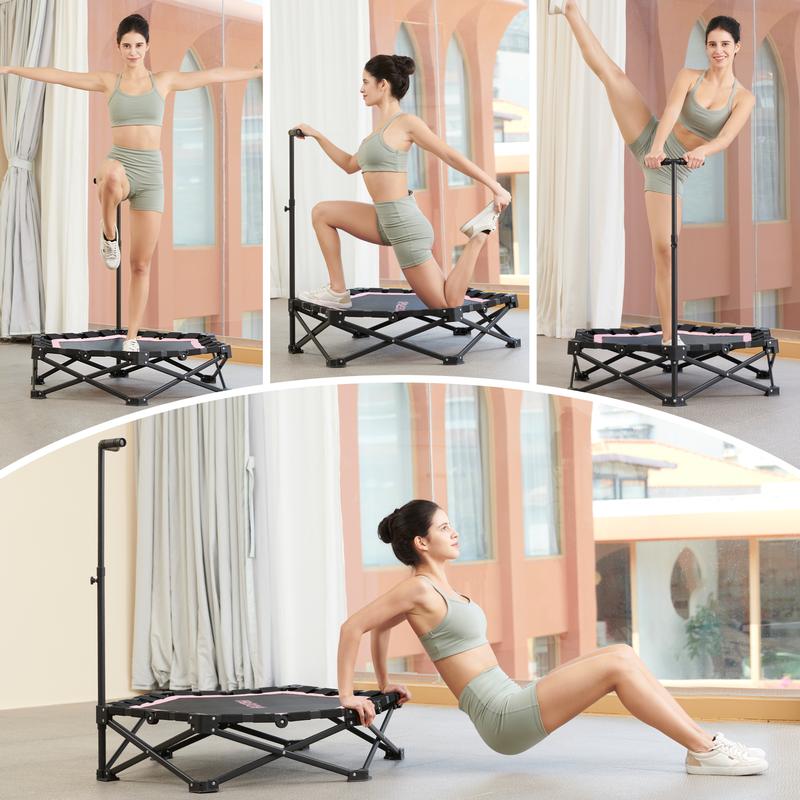 Mini trampolín para adultos con barra de ejercicios. Carga máxima: 209 kg. Fácil de montar. Equipo de gimnasio en casa con asa de espuma ajustable.