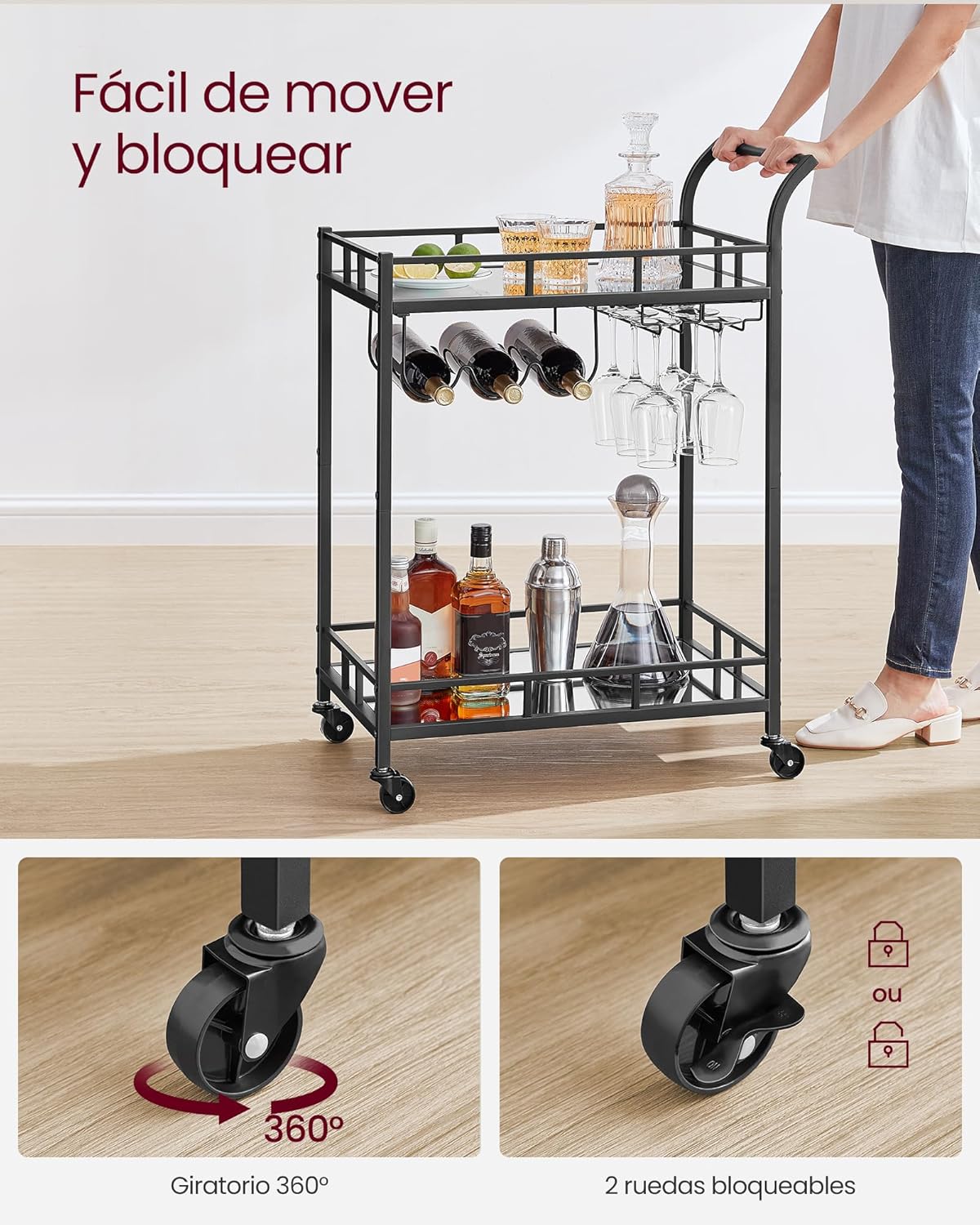 Carro de Bebidas, Carrito de Bar, Carro de Servicio con 2 Estantes de Espejo, Portavasos, Portavinos, para Comedor, Bar de Casa, Cocina, Dorado MLRC090A03