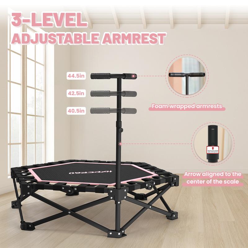 Mini trampolín para adultos con barra de ejercicios. Carga máxima: 209 kg. Fácil de montar. Equipo de gimnasio en casa con asa de espuma ajustable.
