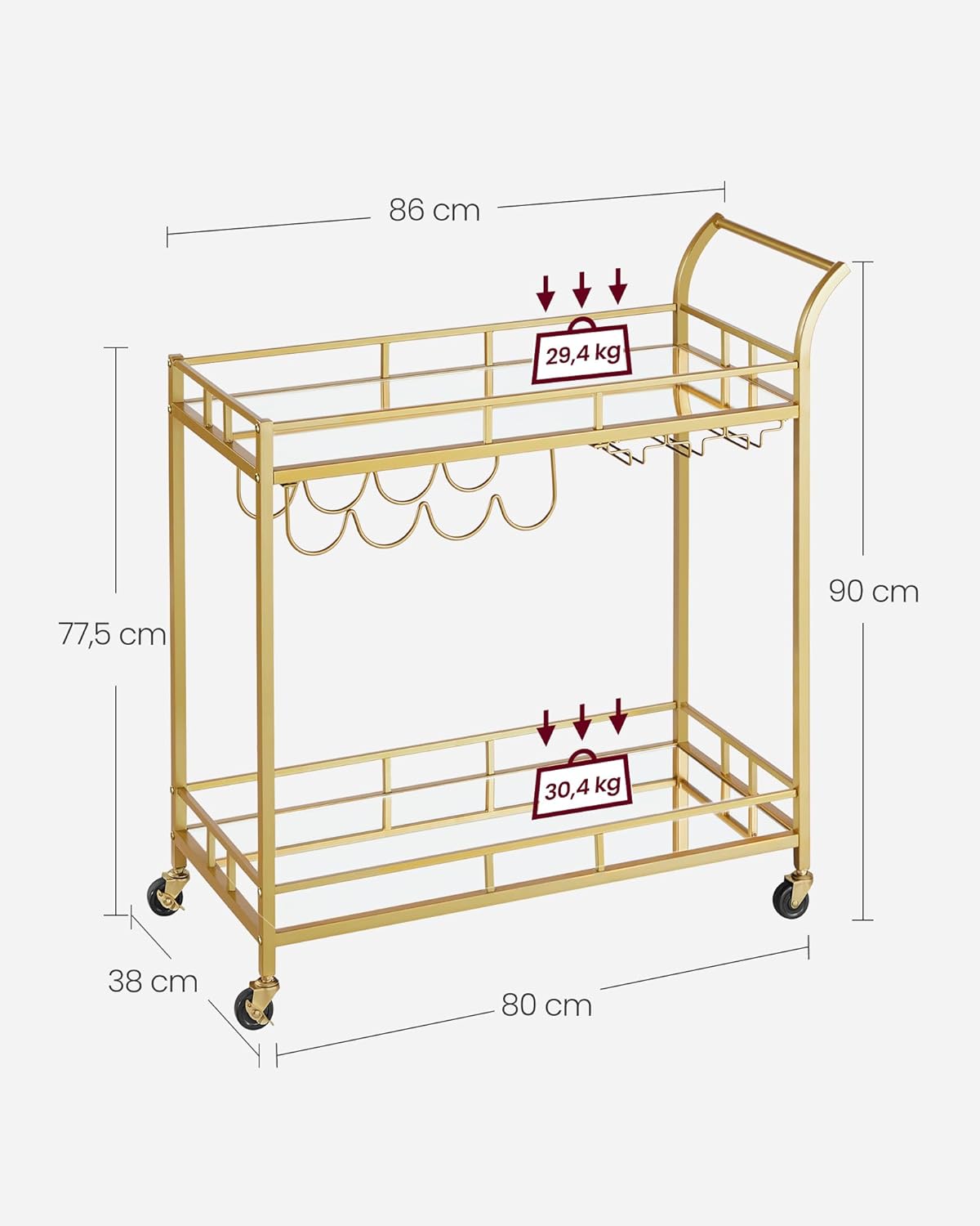 Carro de Bebidas, Carrito de Bar, Carro de Servicio con 2 Estantes de Espejo, Portavasos, Portavinos, para Comedor, Bar de Casa, Cocina, Dorado MLRC090A03