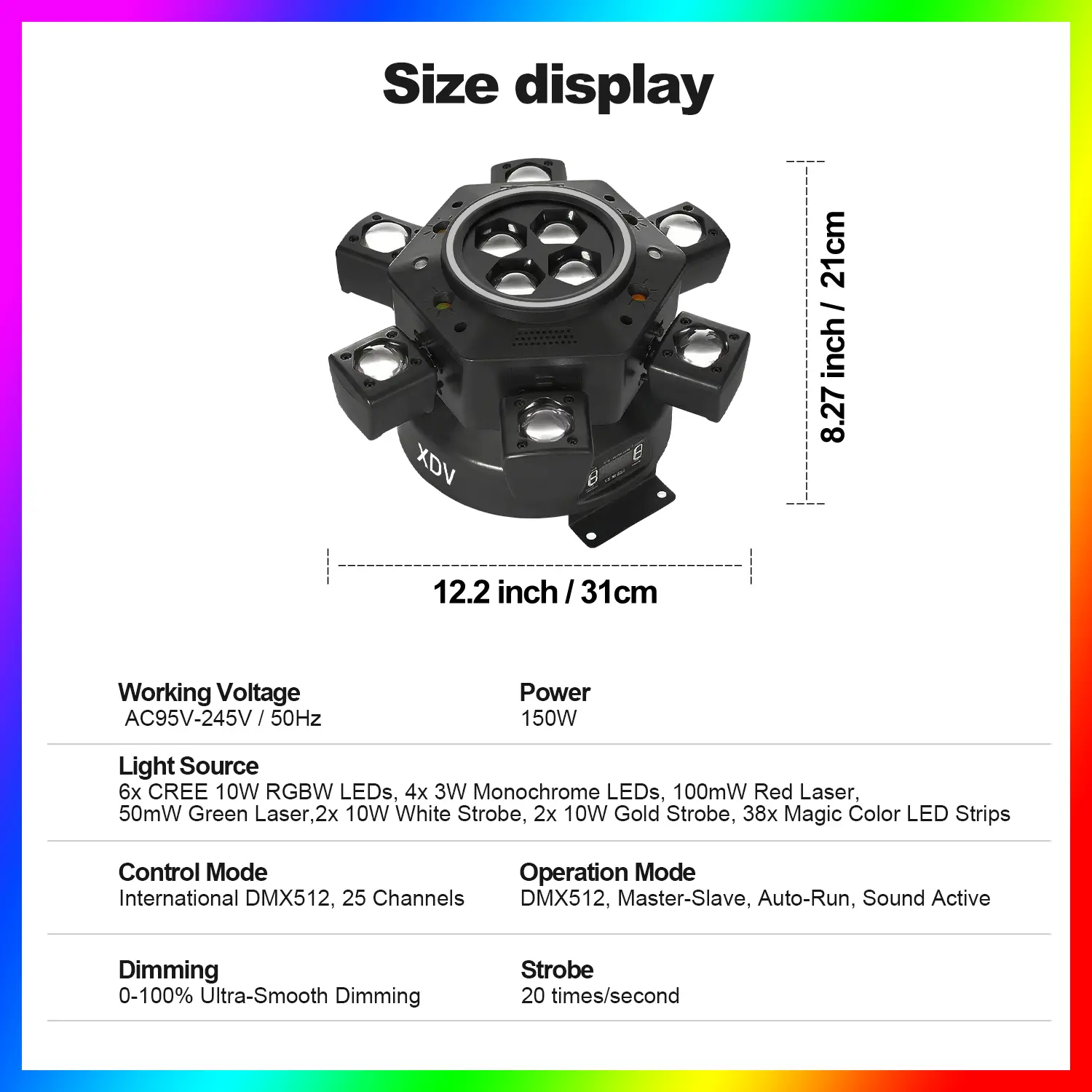 Luz de cabeza móvil XDV de 150 W y 6 brazos para DJ – Iluminación de escenario RGBW con DMX-512 y activación por sonido para fiestas.