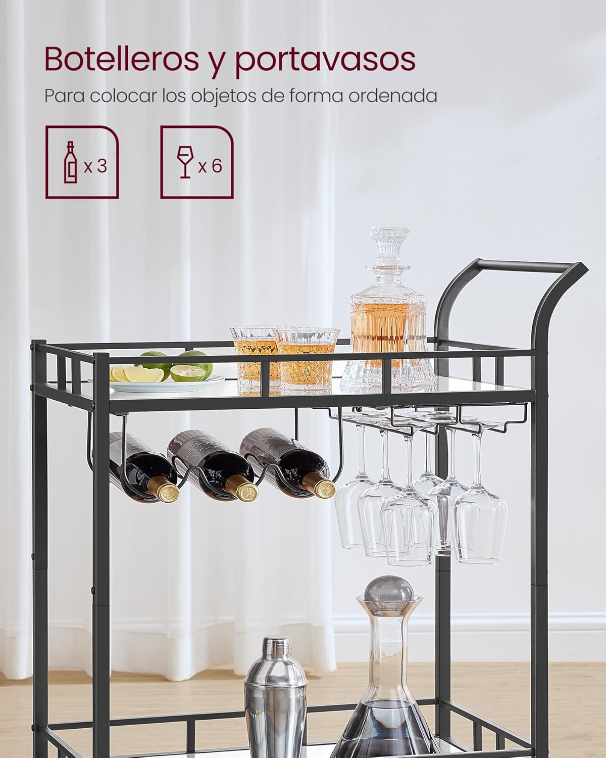 Carro de Bebidas, Carrito de Bar, Carro de Servicio con 2 Estantes de Espejo, Portavasos, Portavinos, para Comedor, Bar de Casa, Cocina, Dorado MLRC090A03