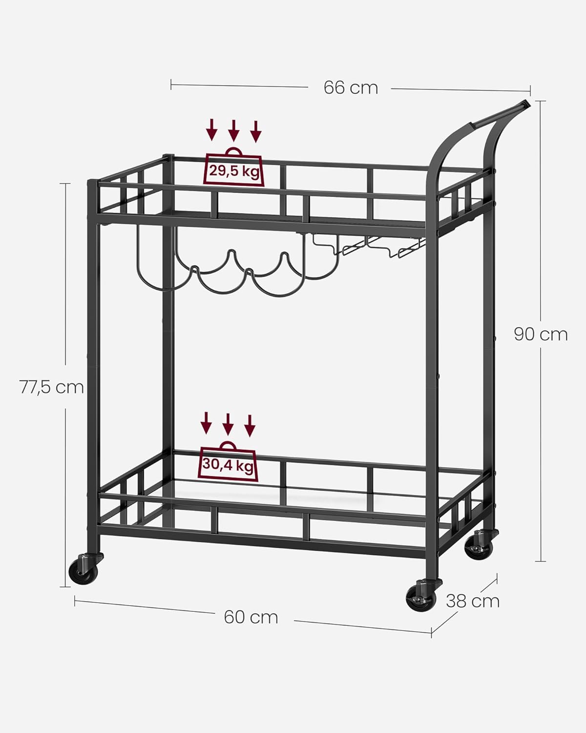 Carro de Bebidas, Carrito de Bar, Carro de Servicio con 2 Estantes de Espejo, Portavasos, Portavinos, para Comedor, Bar de Casa, Cocina, Dorado MLRC090A03
