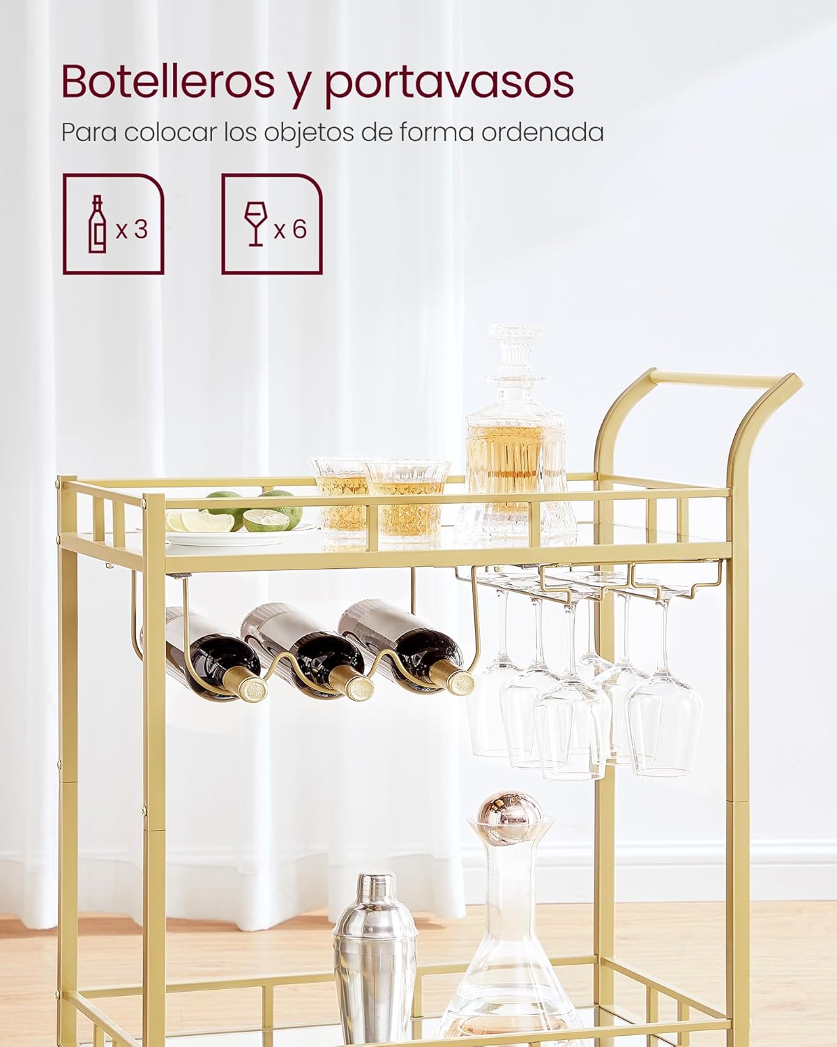 Carro de Bebidas, Carrito de Bar, Carro de Servicio con 2 Estantes de Espejo, Portavasos, Portavinos, para Comedor, Bar de Casa, Cocina, Dorado MLRC090A03