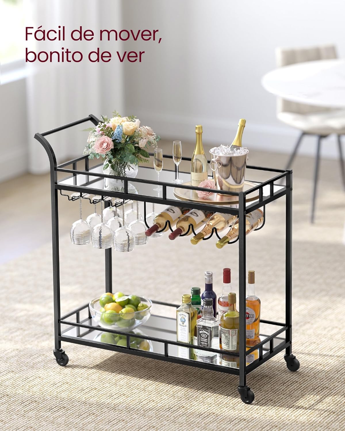 Carro de Bebidas, Carrito de Bar, Carro de Servicio con 2 Estantes de Espejo, Portavasos, Portavinos, para Comedor, Bar de Casa, Cocina, Dorado MLRC090A03