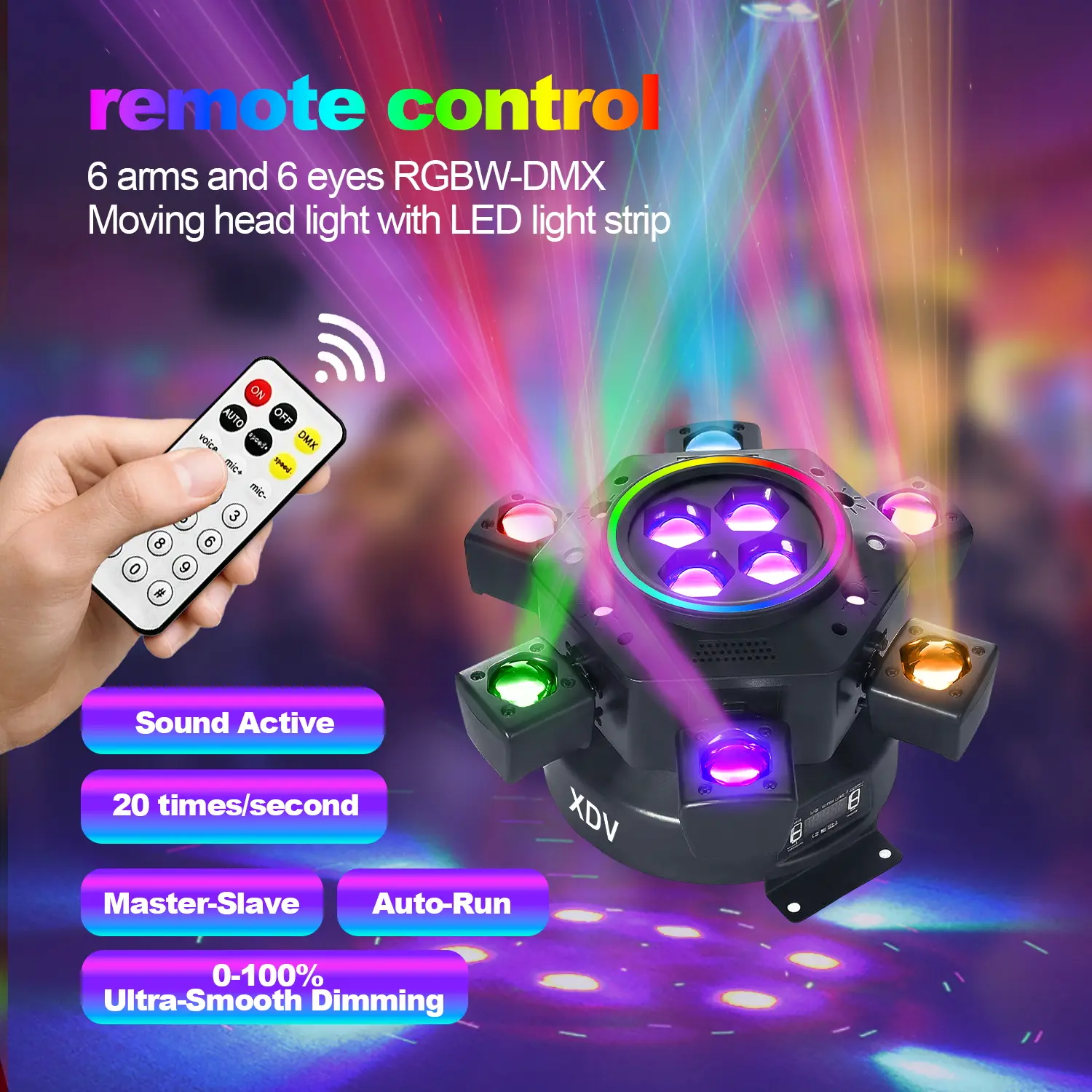 Luz de cabeza móvil XDV de 150 W y 6 brazos para DJ – Iluminación de escenario RGBW con DMX-512 y activación por sonido para fiestas.