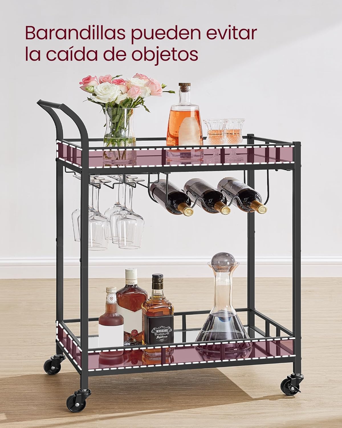 Carro de Bebidas, Carrito de Bar, Carro de Servicio con 2 Estantes de Espejo, Portavasos, Portavinos, para Comedor, Bar de Casa, Cocina, Dorado MLRC090A03