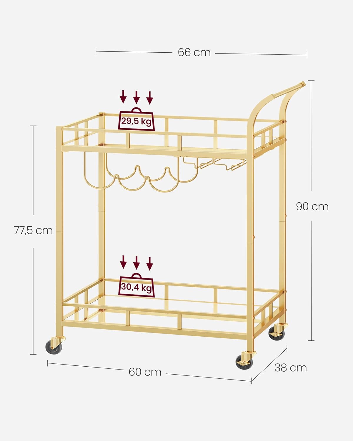 Carro de Bebidas, Carrito de Bar, Carro de Servicio con 2 Estantes de Espejo, Portavasos, Portavinos, para Comedor, Bar de Casa, Cocina, Dorado MLRC090A03