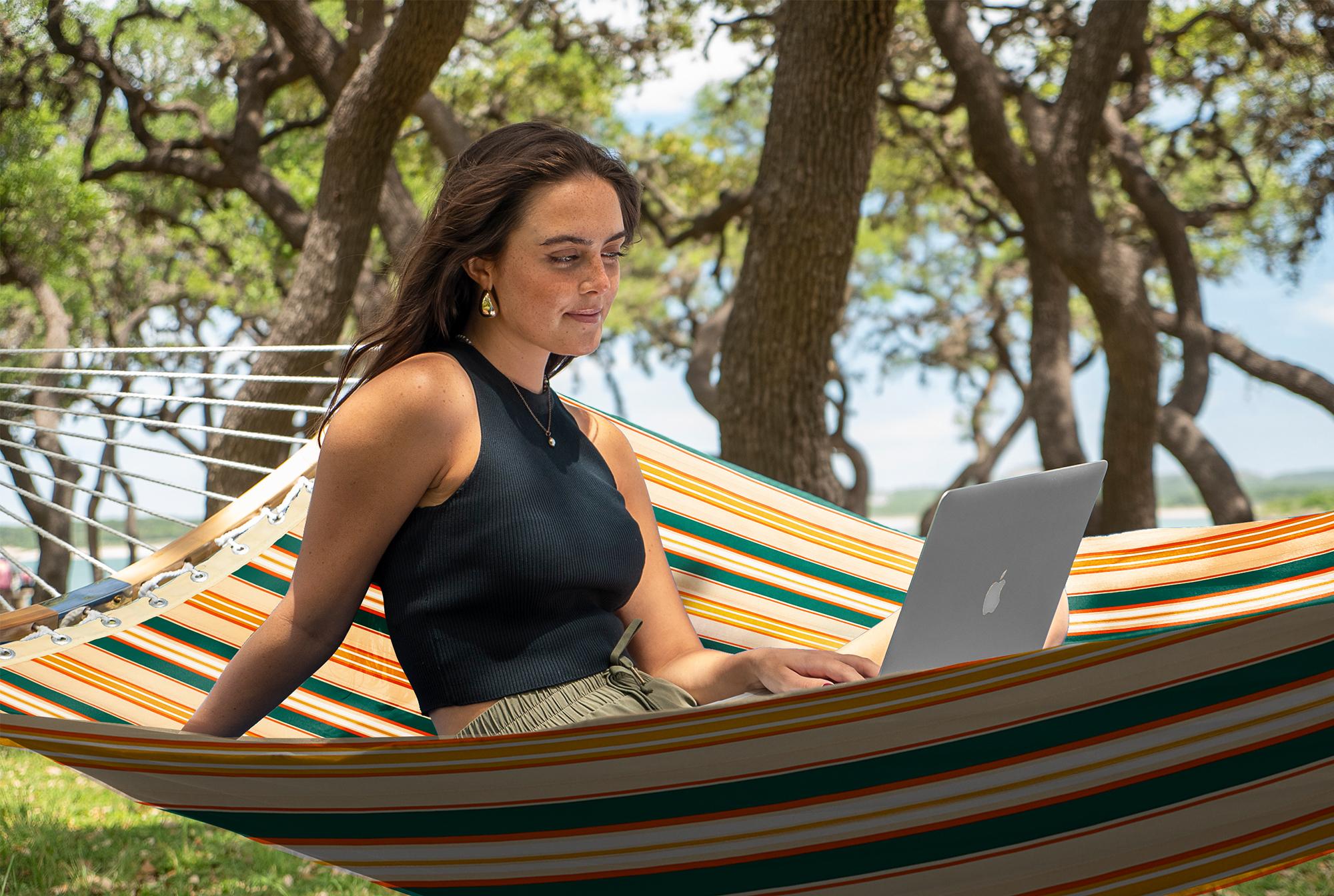 【Summervibes】SUPERJARE Striped Adjustable Fabric Double Portable Hammock with Stand, 450lbs Heavy-Duty Padded Cotton-Polyester Hammock, Detachable Pillow, Strong Curved Bar, Portable Carrying Bag, Ideal for Home Decor & Outdoor Use