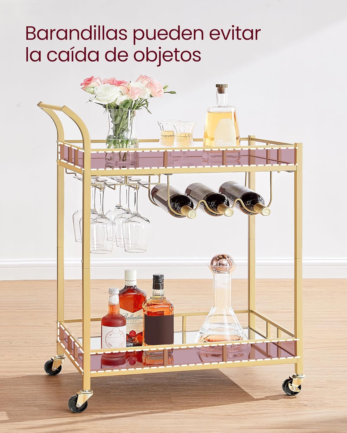 Carro de Bebidas, Carrito de Bar, Carro de Servicio con 2 Estantes de Espejo, Portavasos, Portavinos, para Comedor, Bar de Casa, Cocina, Dorado MLRC090A03