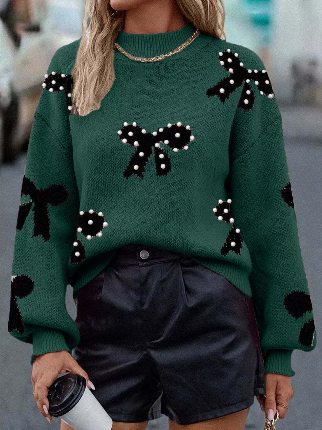 Pearl Bow Sweater Dark Green (ships 2-3 weeks)-LL Trendy Clothing Store