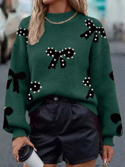 Pearl Bow Sweater Dark Green (ships 2-3 weeks)-LL Trendy Clothing Store