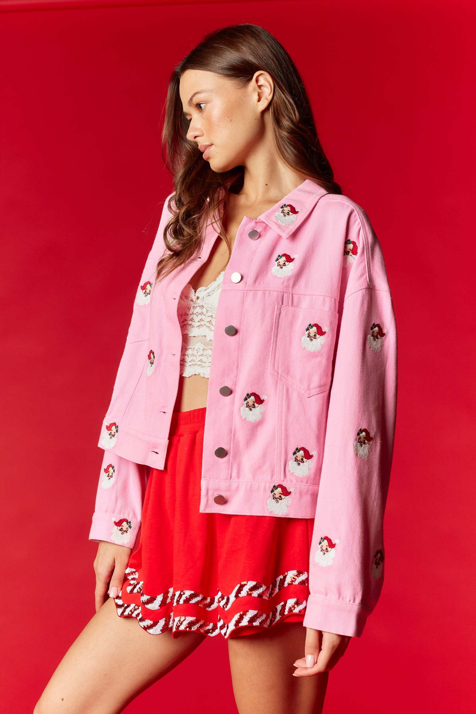Embroidered Pink & Red Santa Jacket RTS-LL Trendy Clothing Store
