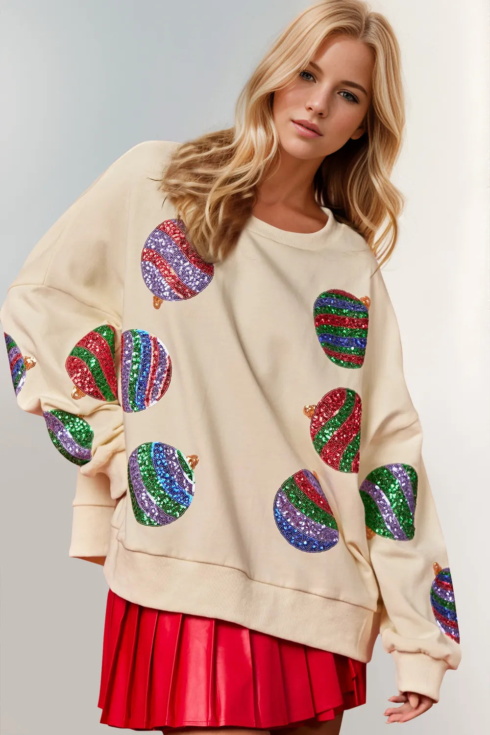 Double Take Christmas Element Sequin Round Neck Long Sleeve Sweatshirt-LL Trendy Clothing Store