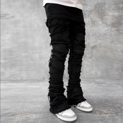 Men's Street Fashion Stretch Patch Denim Straight Leg Pants-Uraldept Trendy Clothing Store