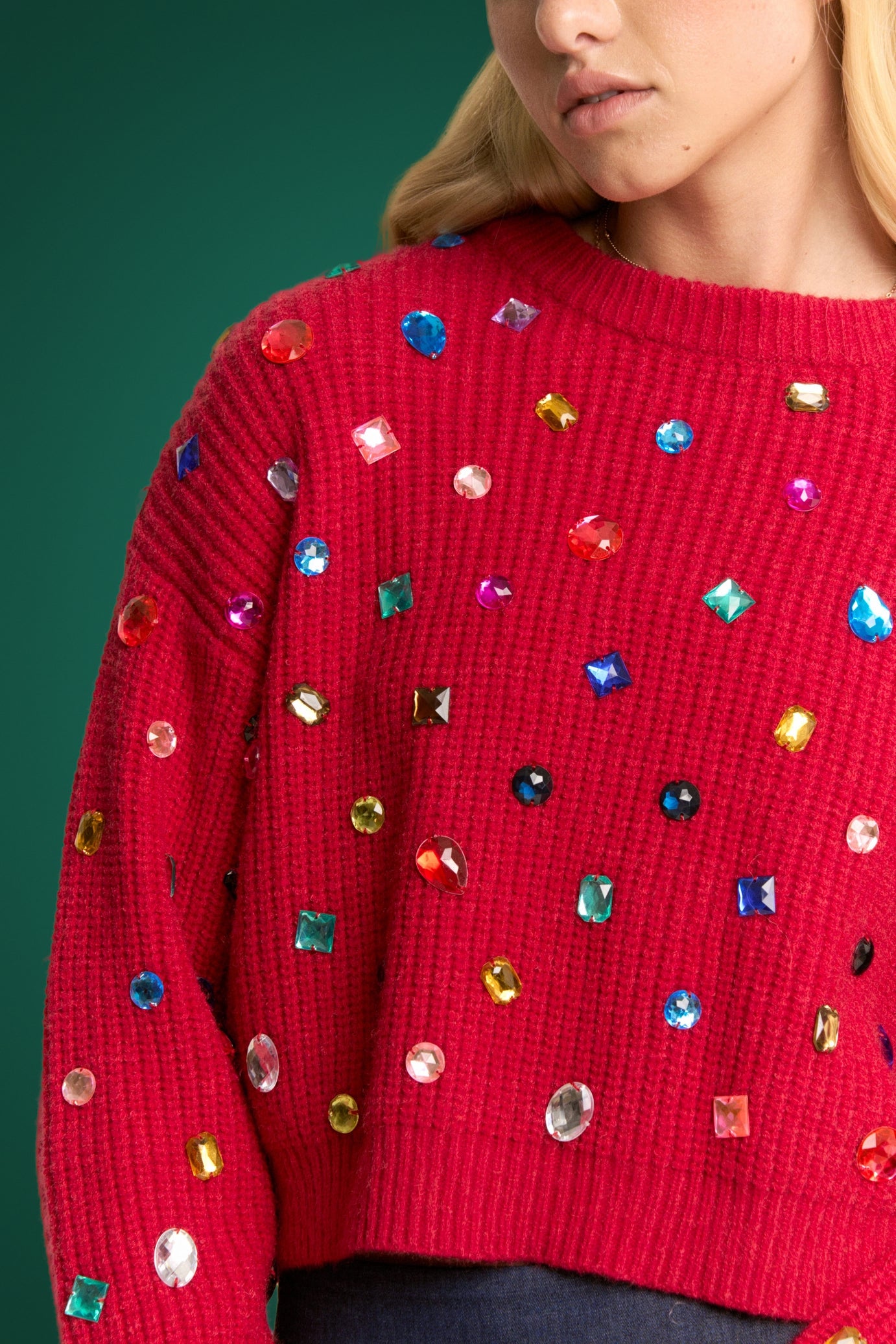 RHINESTONE RED SOFT KNIT SWEATER RTS-LL Trendy Clothing Store