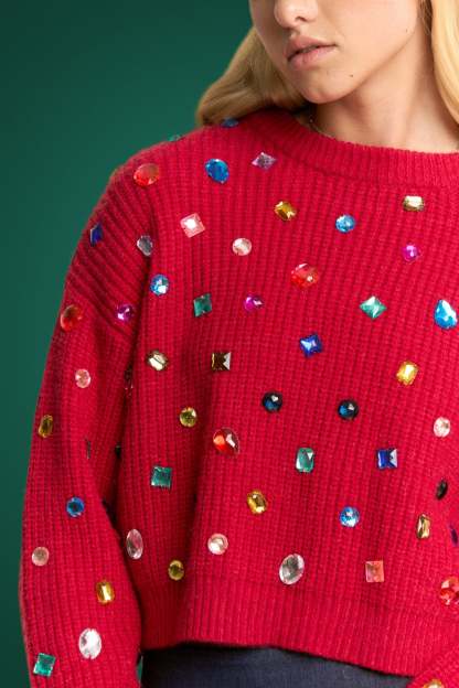 RHINESTONE RED SOFT KNIT SWEATER RTS-LL Trendy Clothing Store