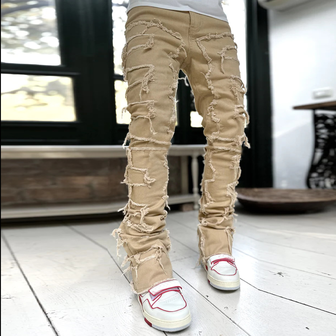 Men's Street Fashion Stretch Patch Denim Straight Leg Pants-Uraldept Trendy Clothing Store