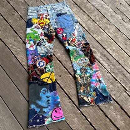 Casual Street Patch Denim Trousers-Uraldept Trendy Clothing Store