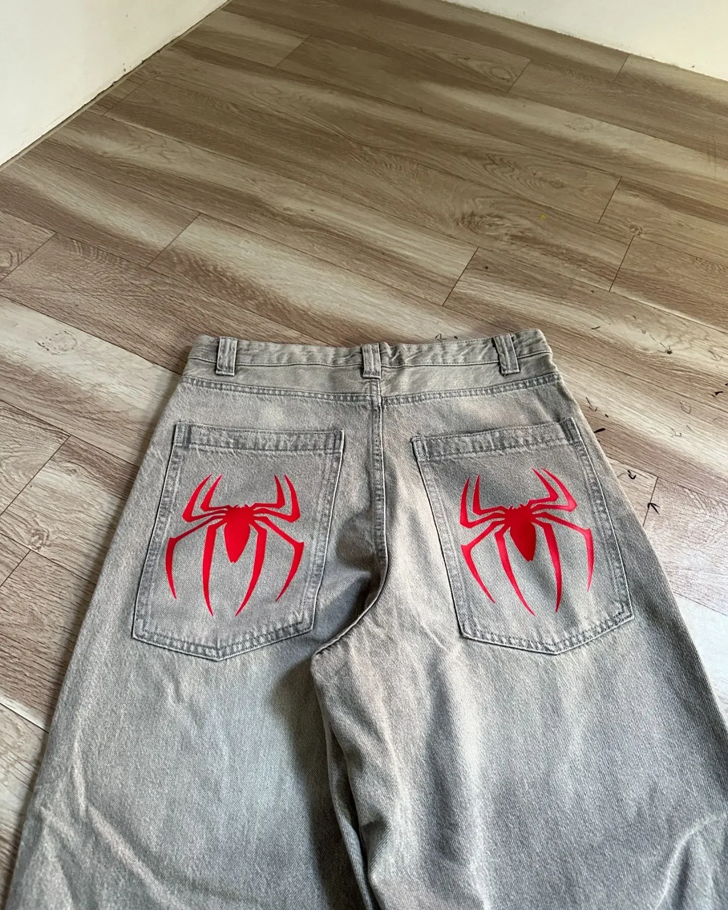 Harajuku Gothic Vintage Grey Punk Spider Print Baggy Jeans Hip Hop Streetwear Jeans Y2K Pants Mens High Waist Wide Leg Trousers-Uraldept Trendy Clothing Store