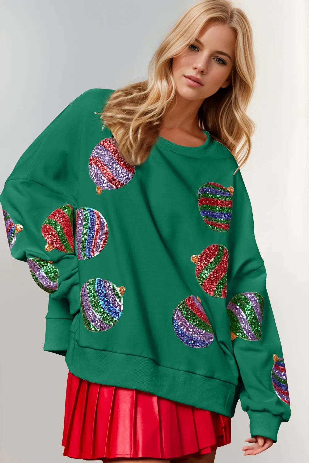 Double Take Christmas Element Sequin Round Neck Long Sleeve Sweatshirt-LL Trendy Clothing Store