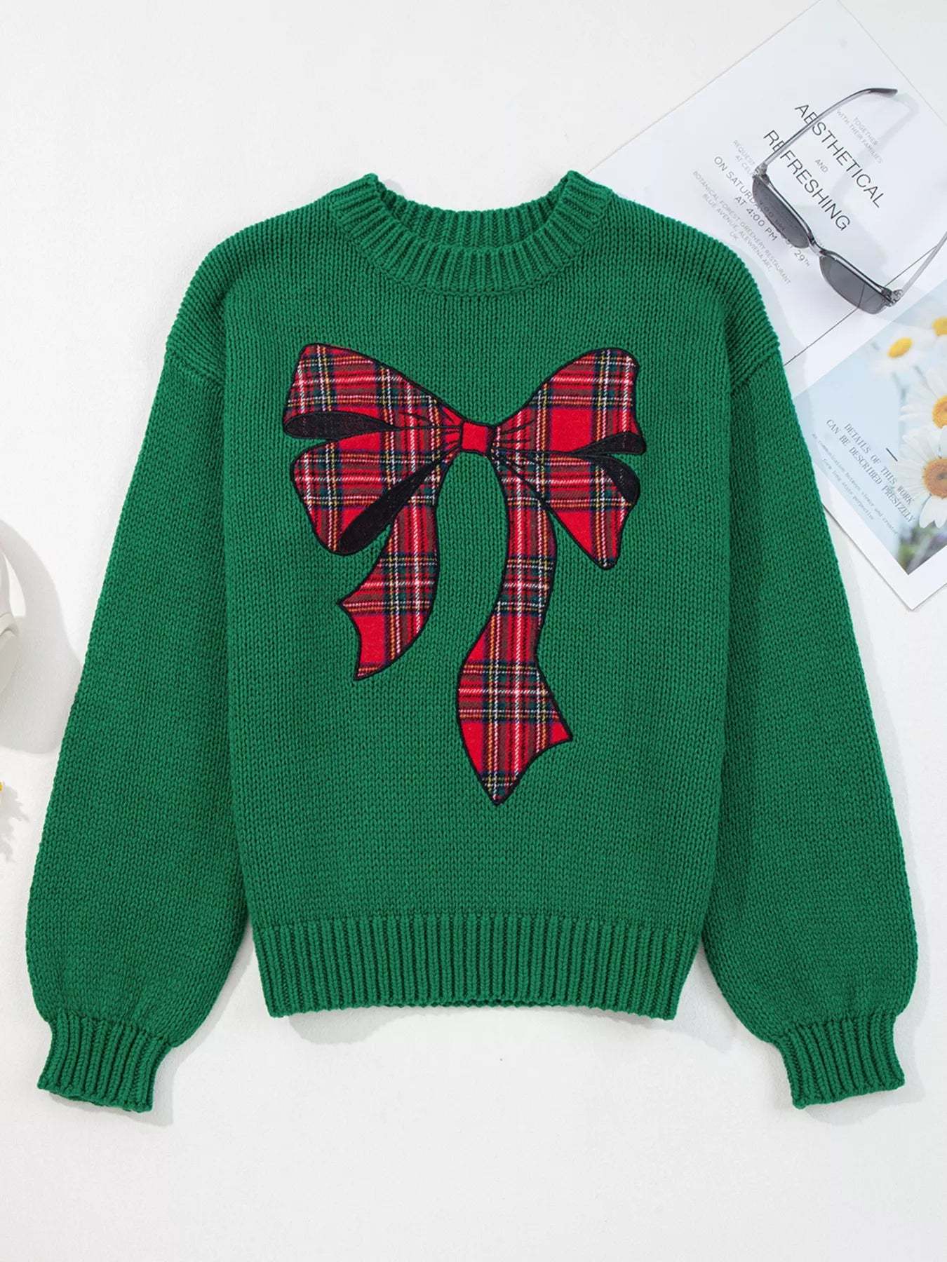 Plaid Bow Sweater(ships 2-3 weeks)-LL Trendy Clothing Store