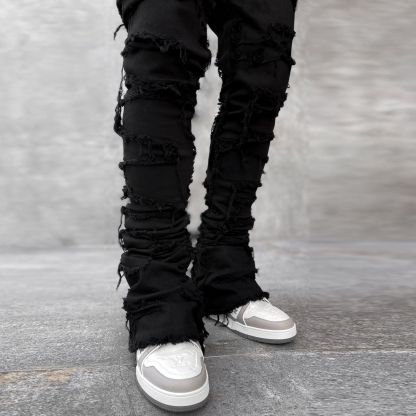 Men's Street Fashion Stretch Patch Denim Straight Leg Pants-Uraldept Trendy Clothing Store