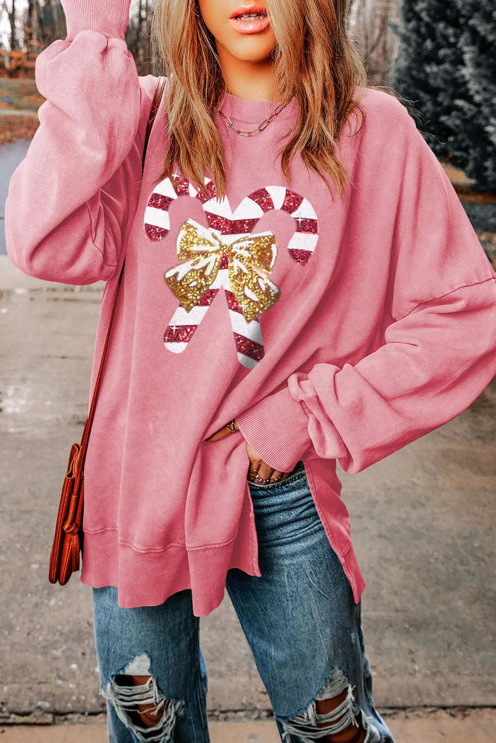 Sequin Candy Cane Round Neck Slit Sweatshirt-LL Trendy Clothing Store