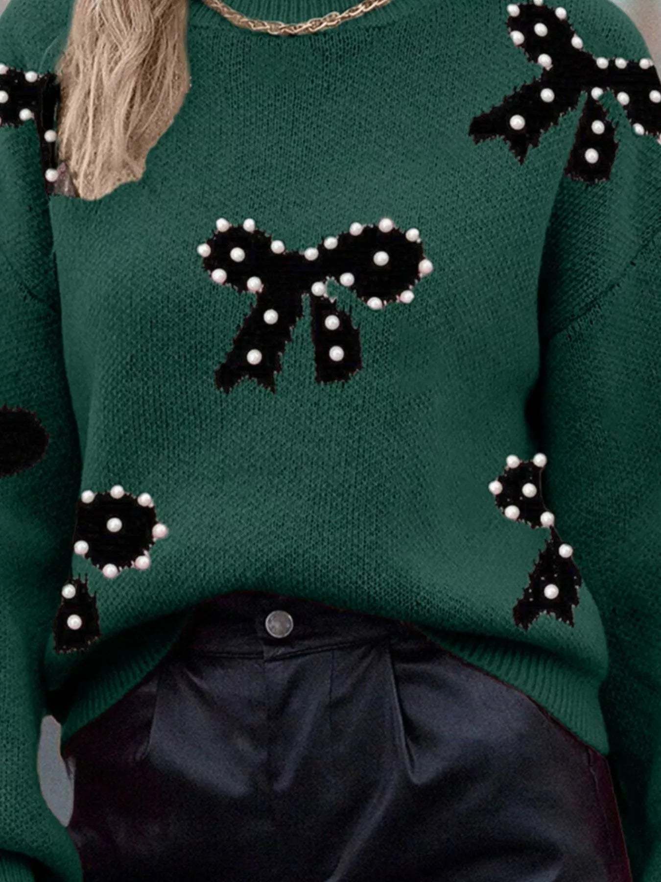 Pearl Bow Sweater Dark Green (ships 2-3 weeks)-LL Trendy Clothing Store