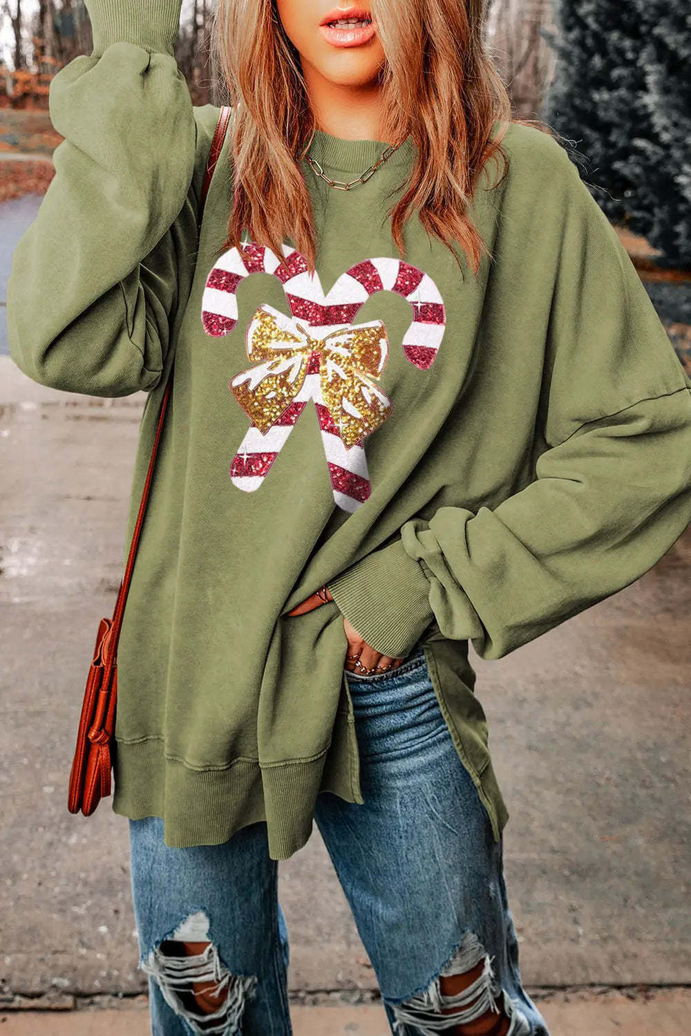 Sequin Candy Cane Round Neck Slit Sweatshirt-LL Trendy Clothing Store